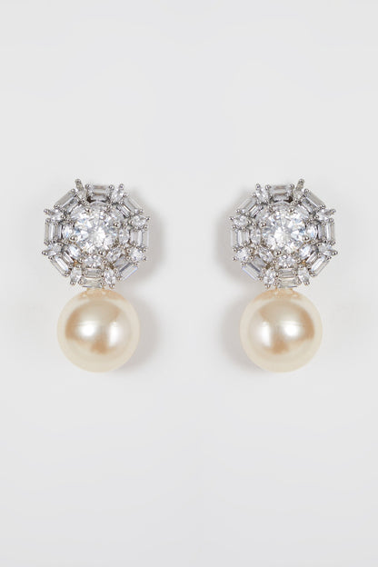 White Finish Diamond & Pearl Drop Earrings