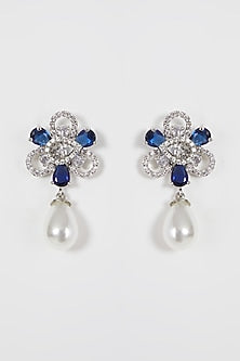 White Finish Blue Stone & Diamond Earrings