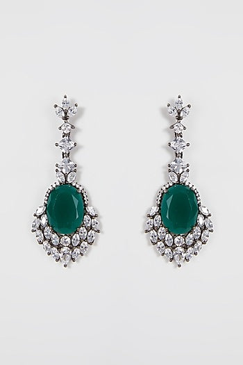 Black Rhodium Finish Green Stone Earrings