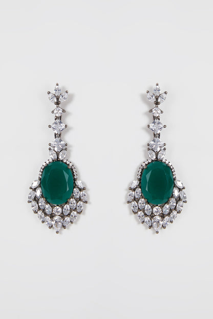 Black Rhodium Finish Green Stone Earrings