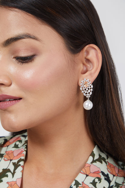 White Finish Pearl Drop Earrings
