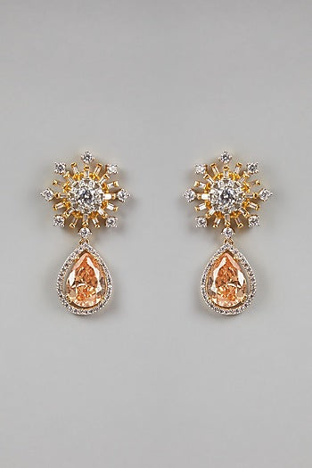 Gold Finish Zircon & Yellow Stone Dangler Earrings