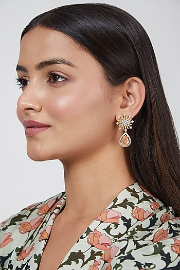 Gold Finish Zircon & Yellow Stone Dangler Earrings