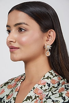 Gold Finish Zircon & Yellow Stone Dangler Earrings