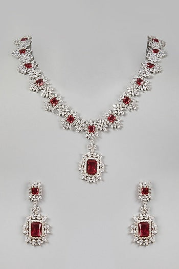 White Finish Red Stones & Zircon Necklace Set