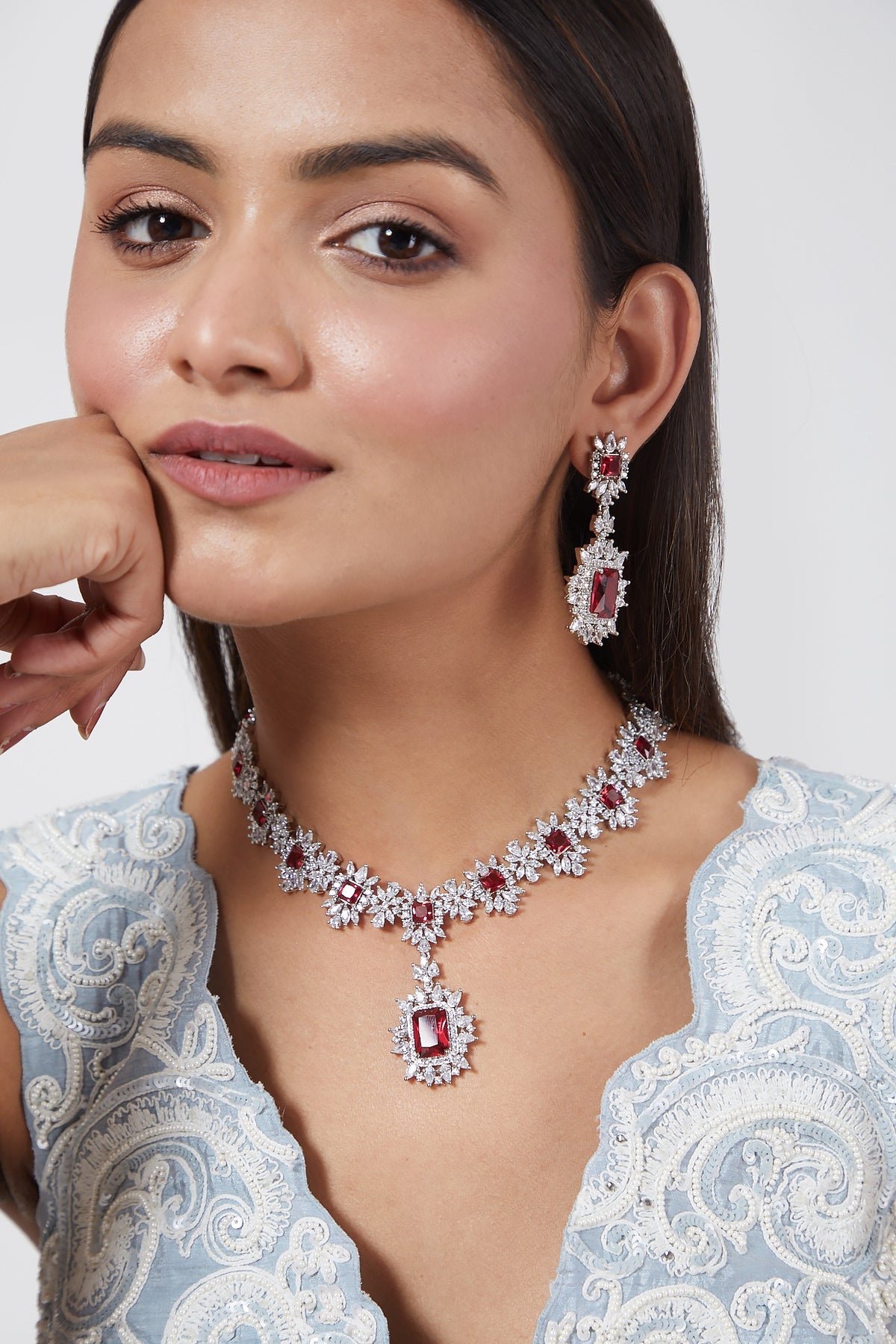 White Finish Red Stones & Zircon Necklace Set