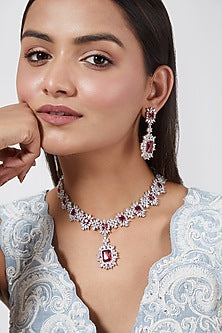 White Finish Red Stones & Zircon Necklace Set