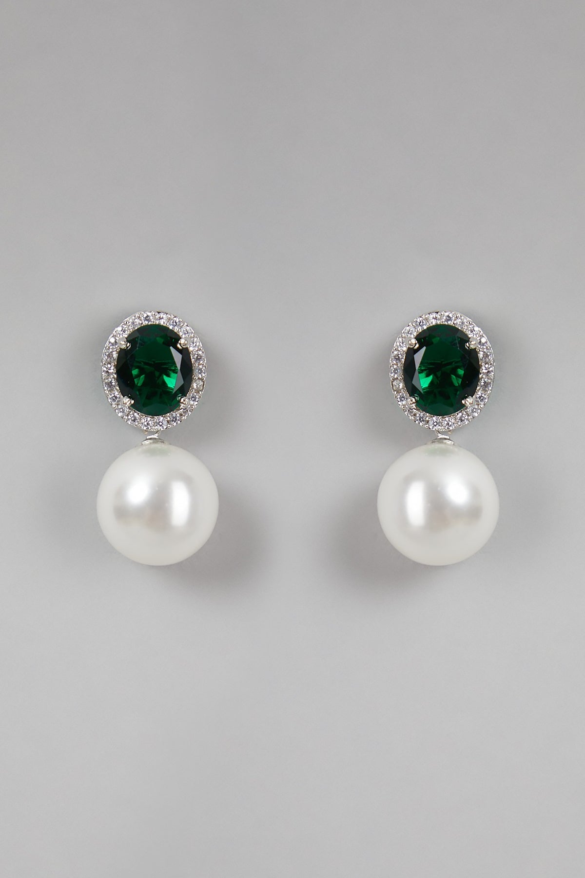 White Finish Zircon & Green Stone Earrings