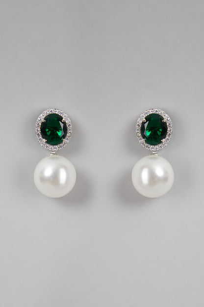 White Finish Zircon & Green Stone Earrings