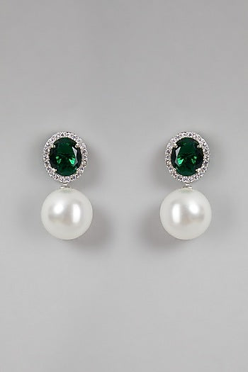 White Finish Zircon & Green Stone Earrings