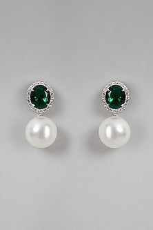 White Finish Zircon & Green Stone Earrings