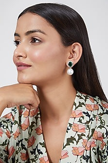 White Finish Zircon & Green Stone Earrings
