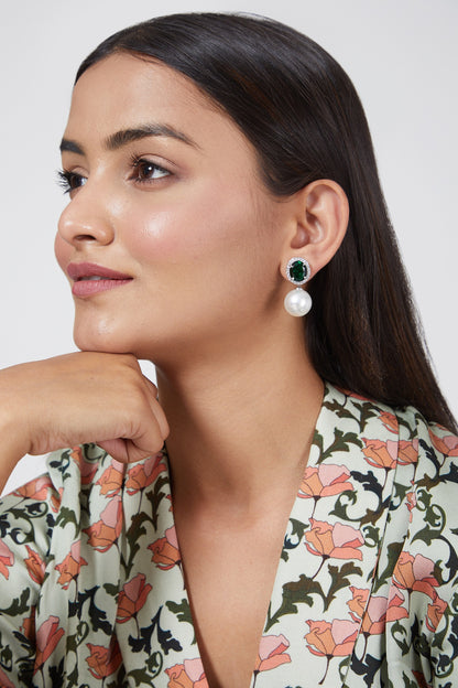 White Finish Zircon & Green Stone Earrings