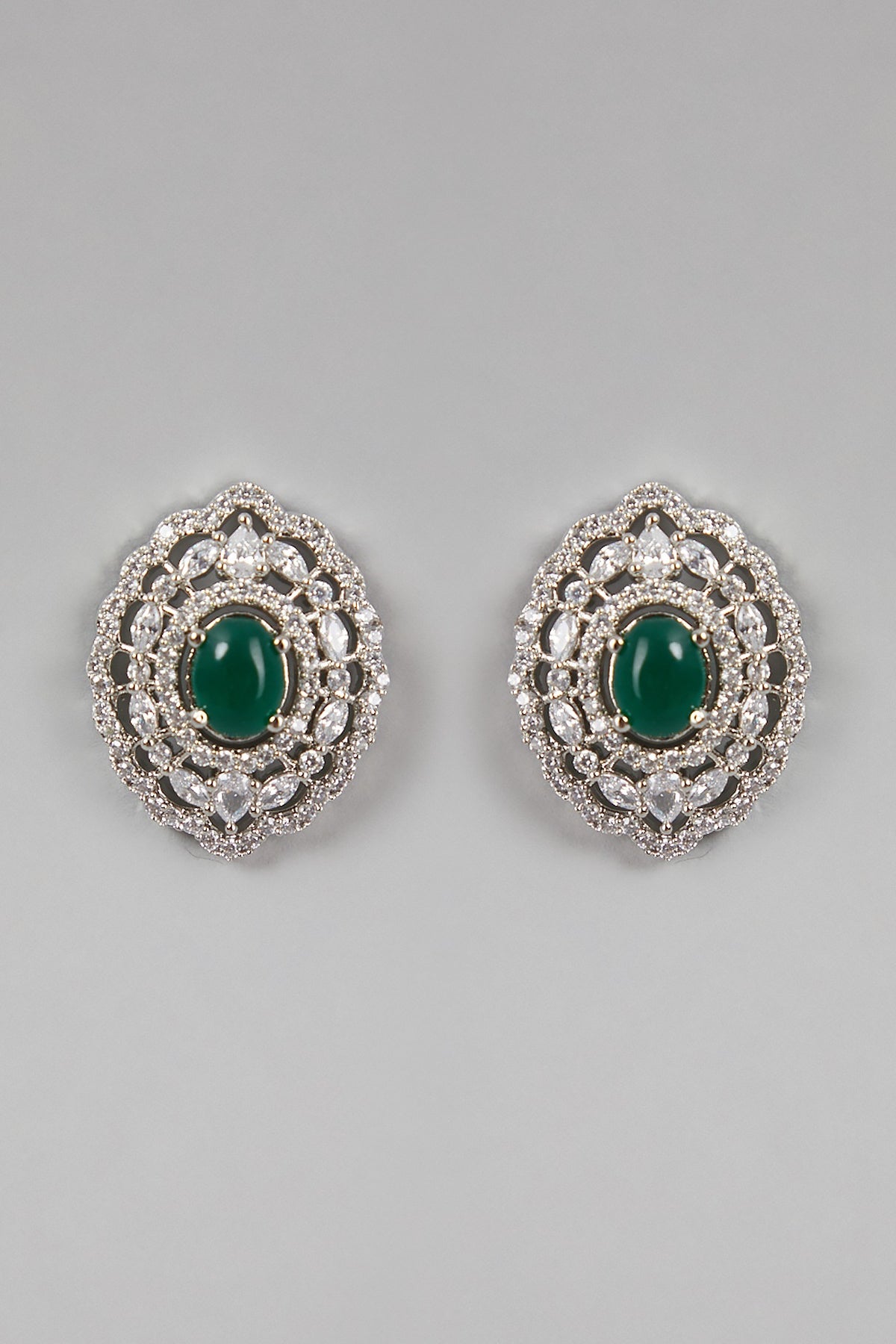 White Finish Zircon & Green Stone Earrings