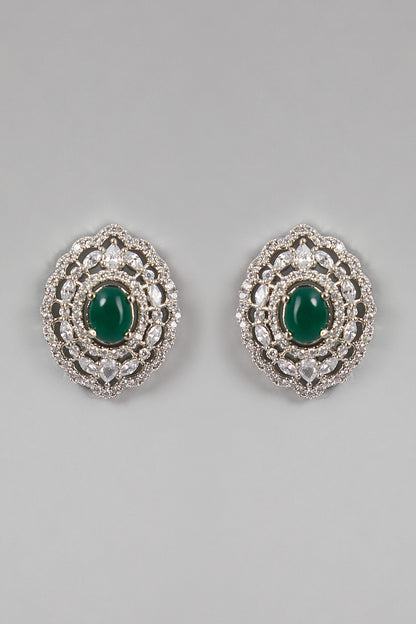 White Finish Zircon & Green Stone Earrings