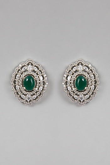White Finish Zircon & Green Stone Earrings