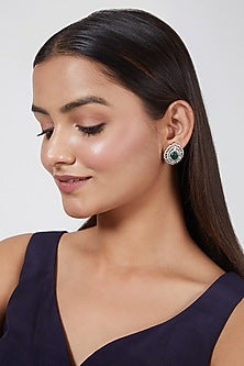 White Finish Zircon & Green Stone Earrings