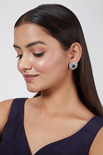 White Finish Zircon & Green Stone Earrings