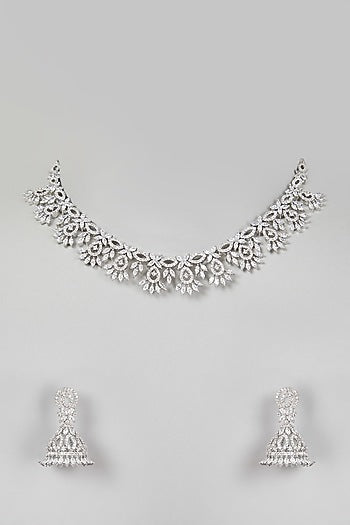 White Finish Faux Diamonds Sleak Necklace Set