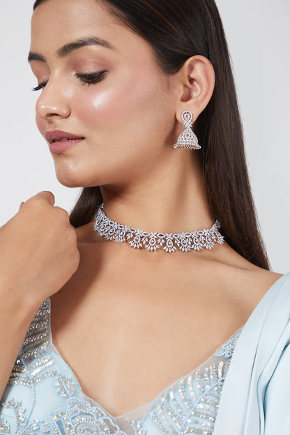 White Finish Faux Diamonds Sleak Necklace Set