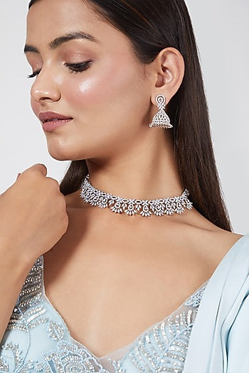 White Finish Faux Diamonds Sleak Necklace Set