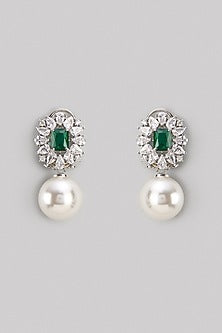 White Finish Zircon & Emerald Stone Stud Earrings