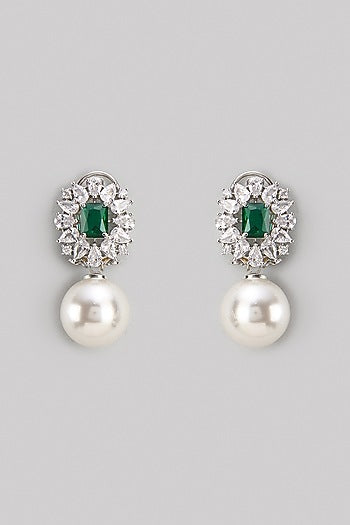 White Finish Zircon & Emerald Stone Stud Earrings