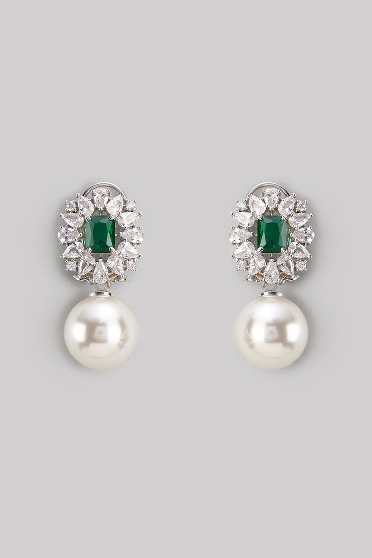 White Finish Zircon & Emerald Stone Stud Earrings