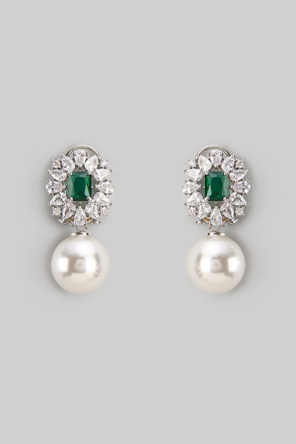 White Finish Zircon & Emerald Stone Stud Earrings