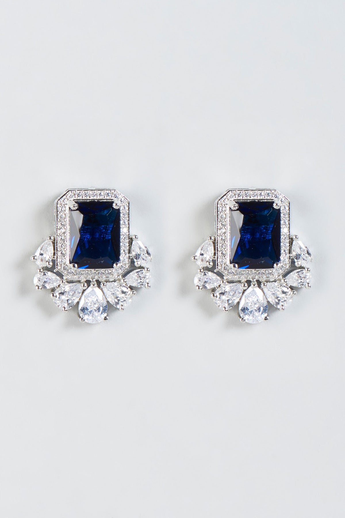White Finish Zircon & Blue Stone Stud Earrings