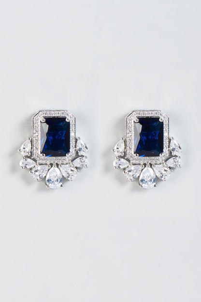White Finish Zircon & Blue Stone Stud Earrings