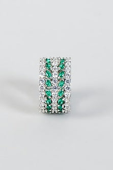 White Finish Zircon & Green Stone Band Ring