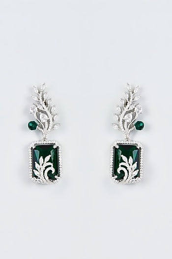 White Finish Zircon & Green Stone Dangler Earrings