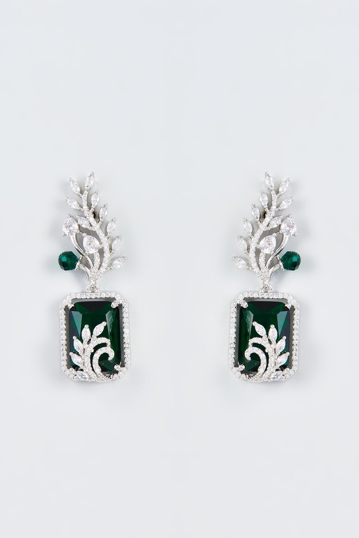 White Finish Zircon & Green Stone Dangler Earrings