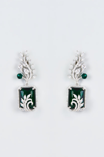 White Finish Zircon & Green Stone Dangler Earrings