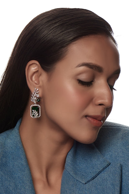 White Finish Zircon & Green Stone Dangler Earrings