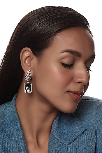 White Finish Zircon & Green Stone Dangler Earrings