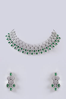White Finish Green Stone Choker Necklace Set