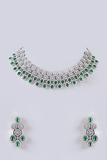 White Finish Green Stone Choker Necklace Set