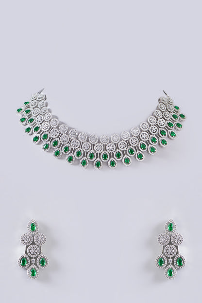 White Finish Green Stone Choker Necklace Set