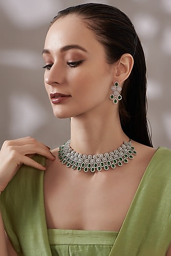 White Finish Green Stone Choker Necklace Set