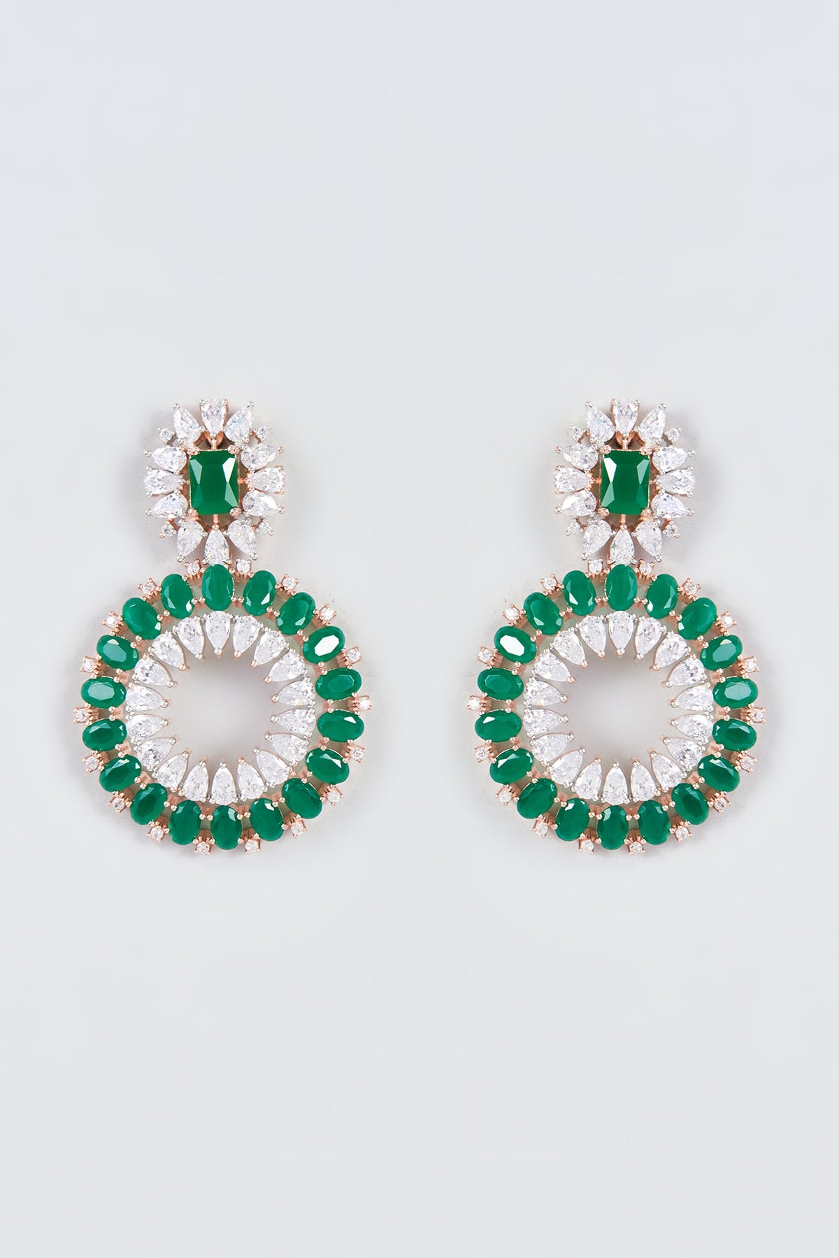 Rose Gold Finish Zircon & Green Stone Dangler Earrings