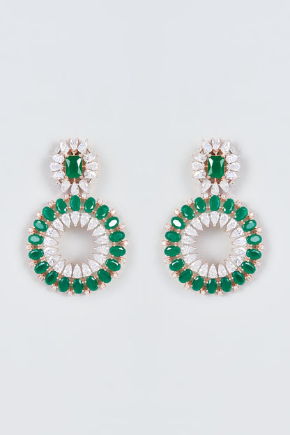 Rose Gold Finish Zircon & Green Stone Dangler Earrings