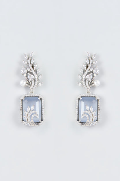 White Finish Zircon & Grey Stone Dangler Earrings
