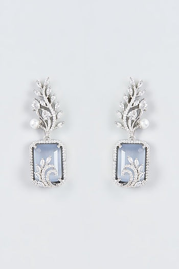 White Finish Zircon & Grey Stone Dangler Earrings