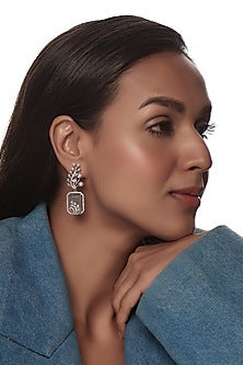 White Finish Zircon & Grey Stone Dangler Earrings