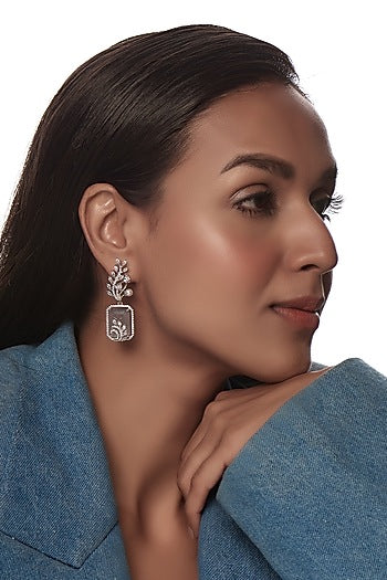 White Finish Zircon & Grey Stone Dangler Earrings
