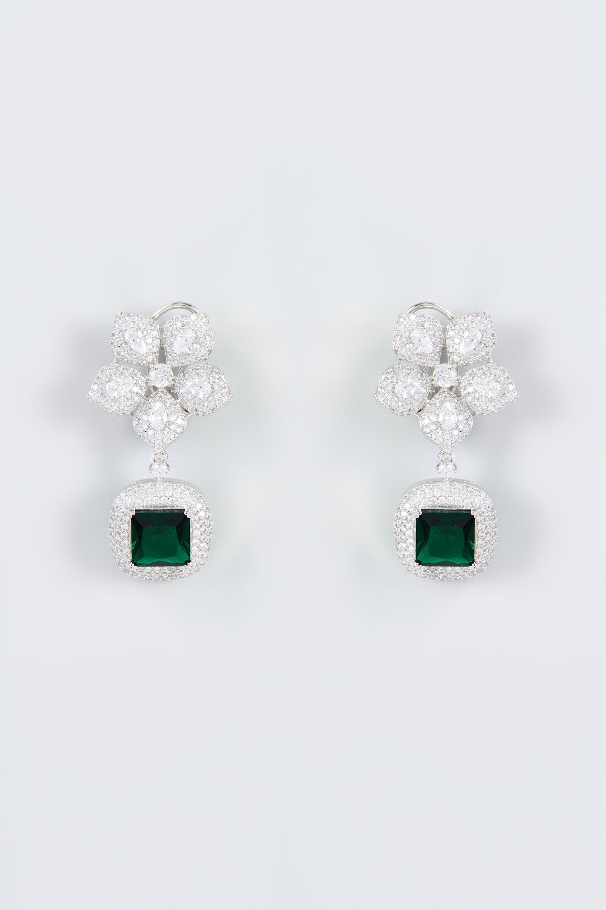 White Finish Zircon & Green Stone Dangler Earrings