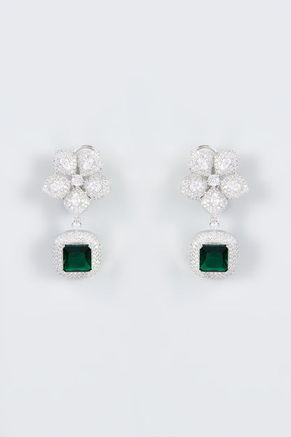 White Finish Zircon & Green Stone Dangler Earrings