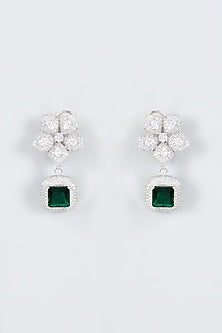 White Finish Zircon & Green Stone Dangler Earrings
